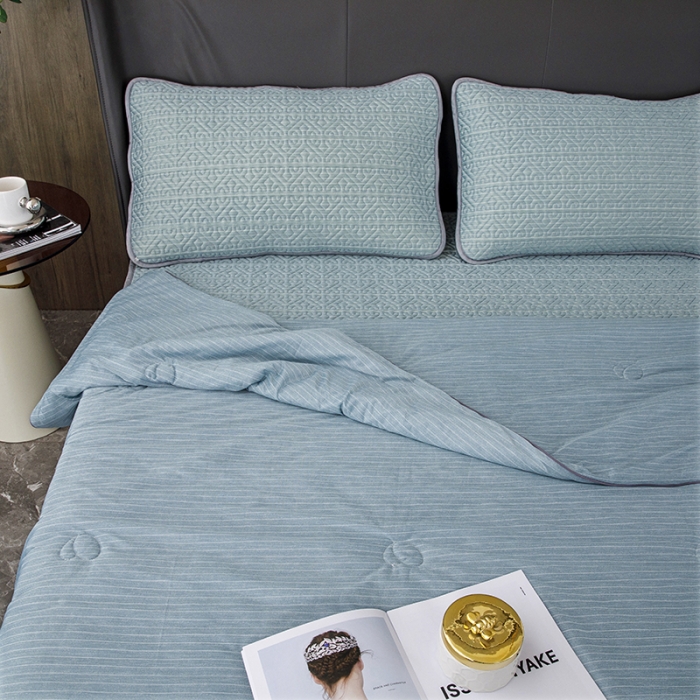 91家纺网 家纺一手货源 找家纺 纽缦2022新款凉感丝乳胶凉席纯色夏被床裙四件套 肌理纹蓝色