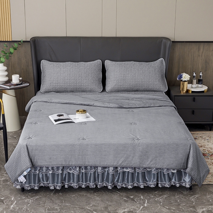 91家纺网 家纺一手货源 找家纺 纽缦2022新款凉感丝乳胶凉席纯色夏被床裙四件套 肌理纹深灰