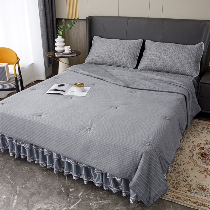 91家纺网 家纺一手货源 找家纺 纽缦2022新款凉感丝乳胶凉席纯色夏被床裙四件套 肌理纹深灰