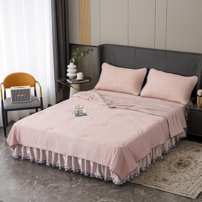 91家纺网 家纺一手货源 找家纺 纽缦2022新款凉感丝乳胶凉席纯色夏被床裙四件套 肌理纹玉色