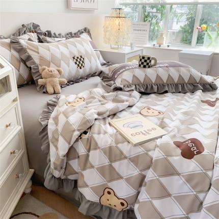 吾欢心 2024新款茶萃棉韩版花边夏被四件套 格子熊
