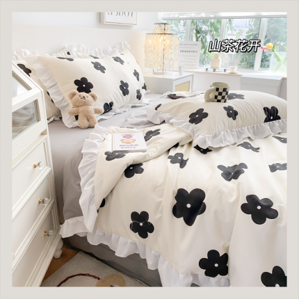 91家纺网 家纺一手货源 找家纺 吾欢心 2024新款茶萃棉韩版花边夏被四件套 山茶花开