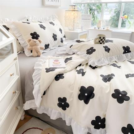 吾欢心 2024新款茶萃棉韩版花边夏被四件套 山茶花开