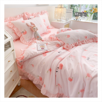91家纺网 家纺一手货源 找家纺 吾欢心 2024新款茶萃棉韩版花边夏被四件套 桃可可