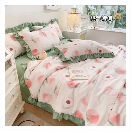 91家纺网 家纺一手货源 找家纺 吾欢心 2024新款茶萃棉韩版花边夏被四件套 桃气满满