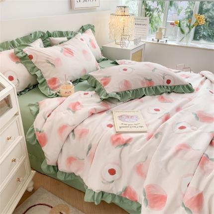 吾欢心 2024新款茶萃棉韩版花边夏被四件套 桃气满满