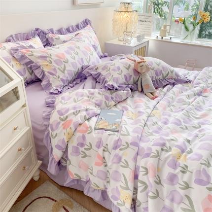吾欢心 2024新款茶萃棉韩版花边夏被四件套 兔子郁金香