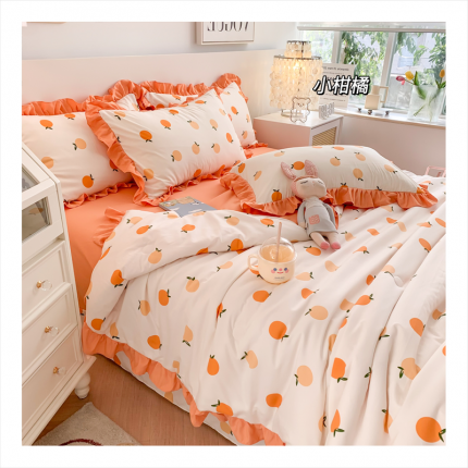 91家纺网 家纺一手货源 找家纺 吾欢心 2024新款茶萃棉韩版花边夏被四件套 小柑橘