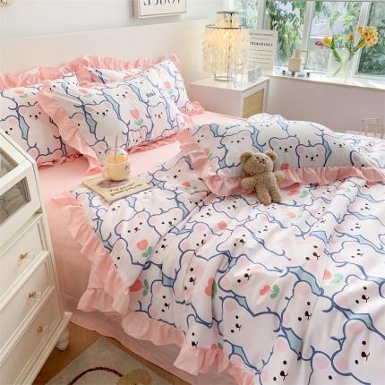 吾欢心 2024新款茶萃棉韩版花边夏被四件套 心愿熊