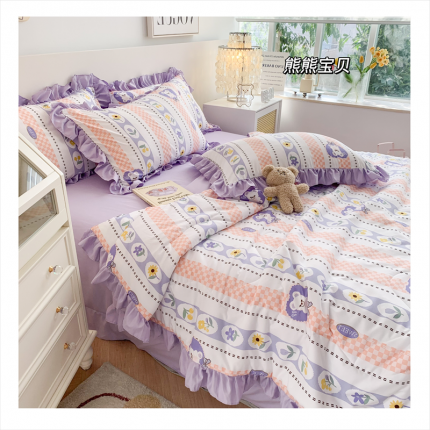 91家纺网 家纺一手货源 找家纺 吾欢心 2024新款茶萃棉韩版花边夏被四件套 熊熊宝贝
