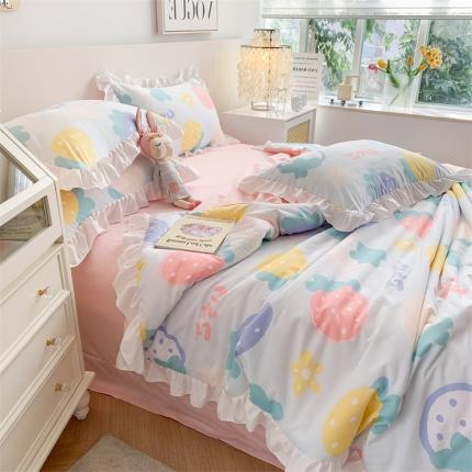 吾欢心 2024新款茶萃棉韩版花边夏被四件套 阳光草莓蓝