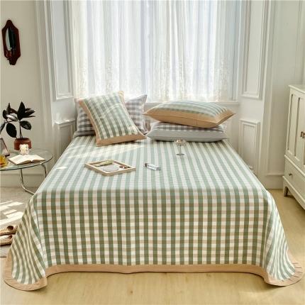 91家纺网 家纺一手货源 找家纺 孑寐 2025新款日式纯棉手工老粗布凉席三件套 小绿格