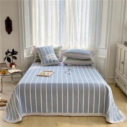 91家纺网 家纺一手货源 找家纺 孑寐 2025新款日式纯棉手工老粗布凉席三件套 中条纹-蓝