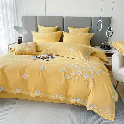 91家纺网 家纺一手货源 找家纺 爆款轻奢小香风100双面纯棉刺绣长绒棉四件套天丝棉花香魅影 路易黄-双面100全棉