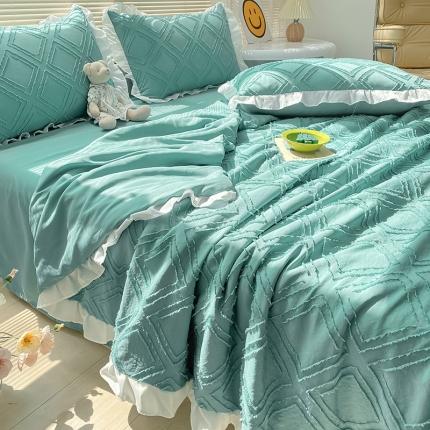 91家纺网 家纺一手货源 找家纺 澳梵 2022新款水洗棉工艺款剪花夏被四件套 菱格-草绿