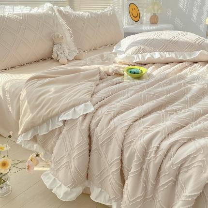 91家纺网 家纺一手货源 找家纺 澳梵 2022新款水洗棉工艺款剪花夏被四件套菱格-卡其