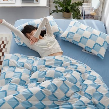 91家纺网 家纺一手货源 找家纺 风向标 2022新款针织棉印花棋盘格四件套 海盐雪糕