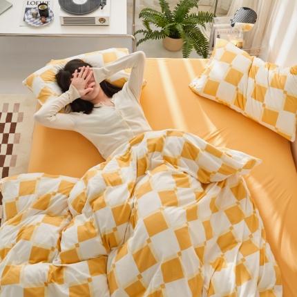 91家纺网 家纺一手货源 找家纺 风向标 2022新款针织棉印花棋盘格四件套 奶油芝士