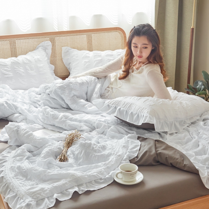 91家纺网 家纺一手货源 找家纺 ab家纺 2023新款水洗棉泡泡纱夏被四件套夏凉被 白灰