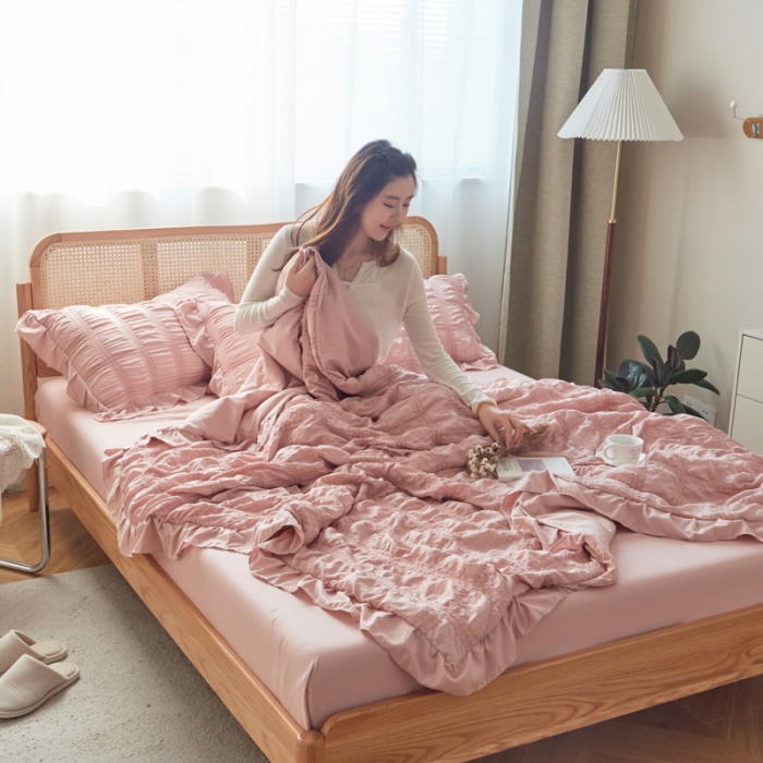 91家纺网 家纺一手货源 找家纺 ab家纺 2023新款水洗棉泡泡纱夏被四件套夏凉被 浅豆沙