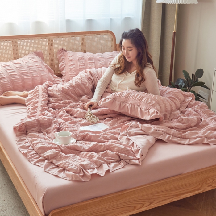 91家纺网 家纺一手货源 找家纺 ab家纺 2023新款水洗棉泡泡纱夏被四件套夏凉被 浅豆沙