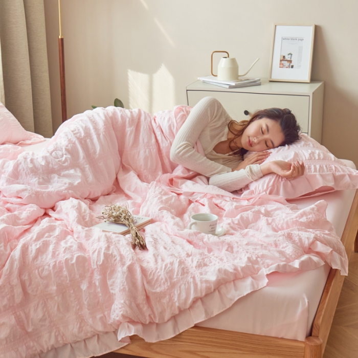 91家纺网 家纺一手货源 找家纺 ab家纺 2023新款水洗棉泡泡纱夏被四件套夏凉被 香叶粉