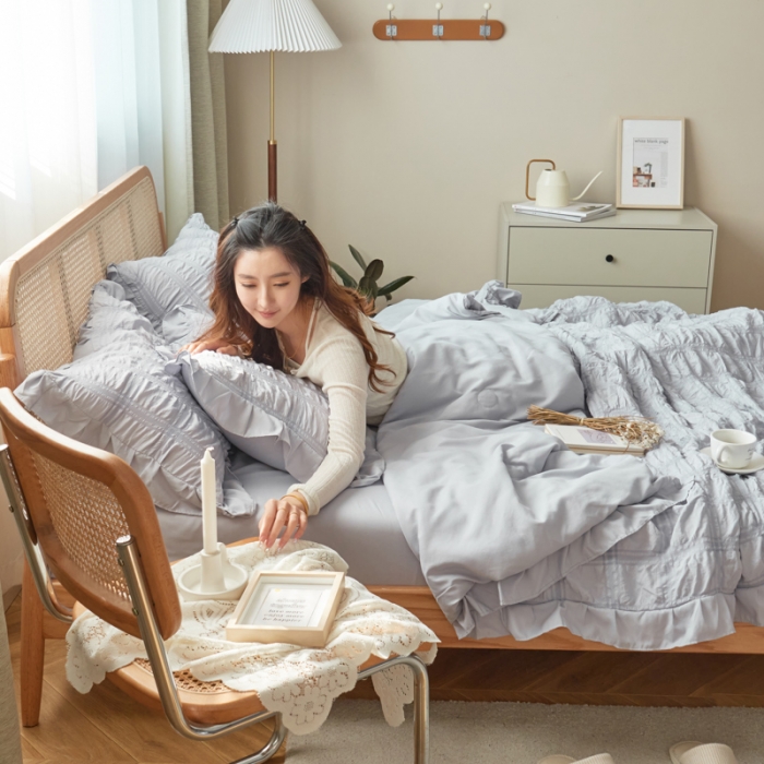 91家纺网 家纺一手货源 找家纺 ab家纺 2023新款水洗棉泡泡纱夏被四件套夏凉被 紫灰