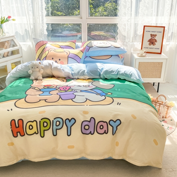 91家纺网 家纺一手货源 找家纺 星期八 2022新款二次元水洗棉四件套 happy day