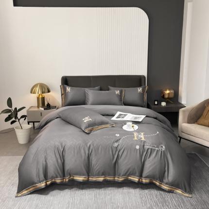 嗯呢 2023新款刺绣H款轻奢提花水洗真丝四件套提花-高级灰