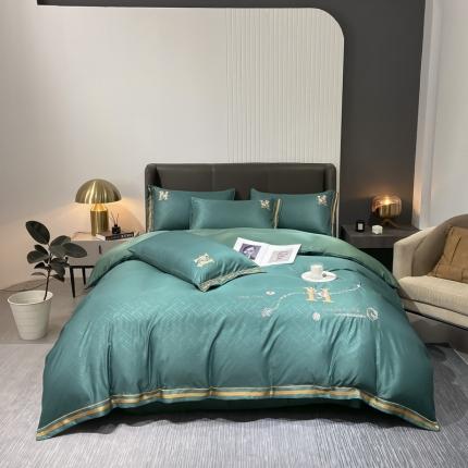 嗯呢 2023新款刺绣H款轻奢提花水洗真丝四件套提花-墨绿