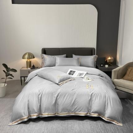 嗯呢 2023新款刺绣H款轻奢提花水洗真丝四件套提花-浅灰