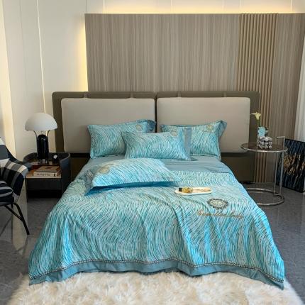 91家纺网 家纺一手货源 找家纺 澳洲羽 2024新款小香风刺绣夏被四件套 螺纹-湖兰