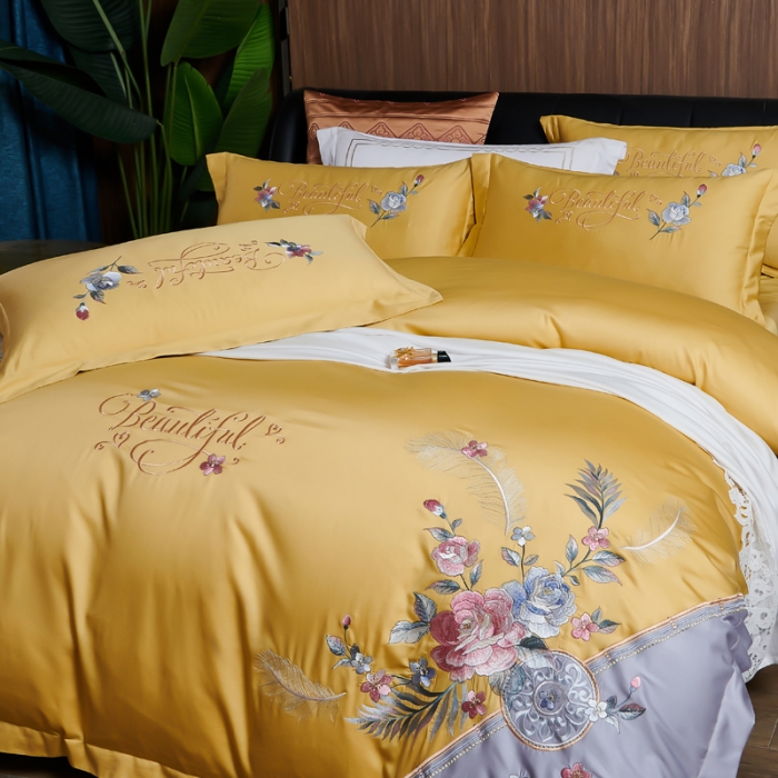 91家纺网 家纺一手货源 找家纺 （总）优姿 2022新款100支长绒棉绣花四件套—花叶倾城