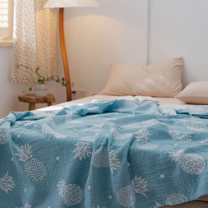 91家纺网 家纺一手货源 找家纺 雯雨 2022新款无印风纱布毛巾被夏被直播 菠萝兰