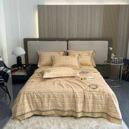 91家纺网 家纺一手货源 找家纺 澳洲羽 2024新款小香风刺绣夏被四件套 千鸟格-高级桔