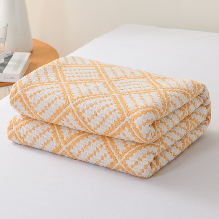 91家纺网 家纺一手货源 找家纺 雯雨 2022新款无印风纱布毛巾被夏被直播方格圆点黄