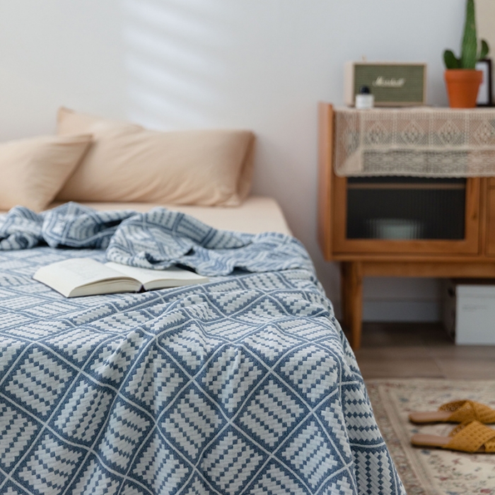 91家纺网 家纺一手货源 找家纺 雯雨 2022新款无印风纱布毛巾被夏被直播方格圆点兰