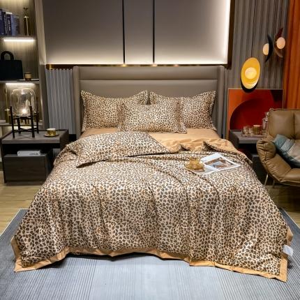 2022新款轻奢宽边水洗真丝小清新被套天丝夏被四件套 豹纹咖