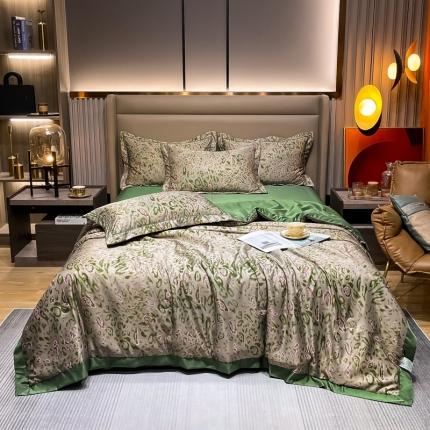 91家纺网 家纺一手货源 找家纺 2022新款轻奢宽边水洗真丝小清新被套天丝夏被四件套 豹纹绿