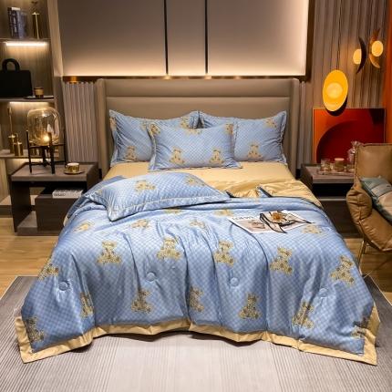 91家纺网 家纺一手货源 找家纺 2022新款轻奢宽边水洗真丝小清新被套天丝夏被四件套 格调熊