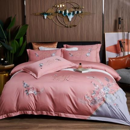 91家纺网 家纺一手货源 找家纺 优姿 2022新款100支长绒棉绣花四件套—花叶倾城-粉