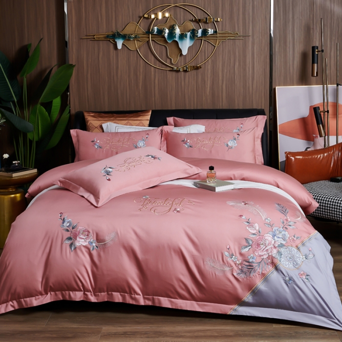 91家纺网 家纺一手货源 找家纺 优姿 2022新款100支长绒棉绣花四件套—花叶倾城-粉