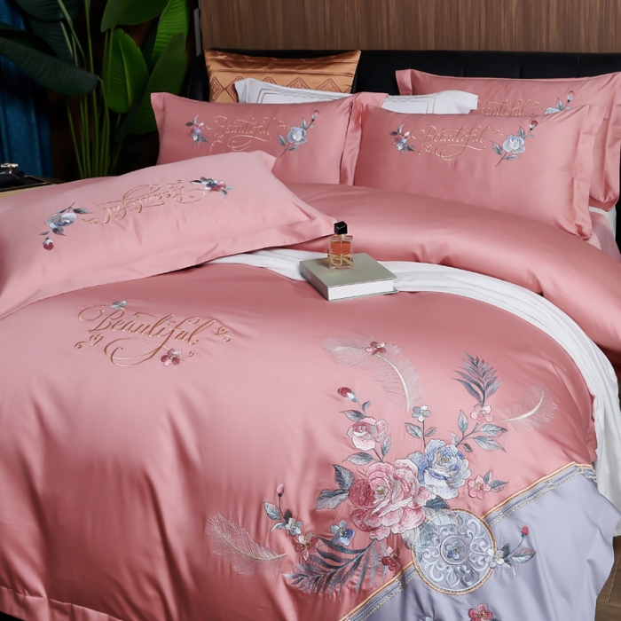 91家纺网 家纺一手货源 找家纺 优姿 2022新款100支长绒棉绣花四件套—花叶倾城-粉