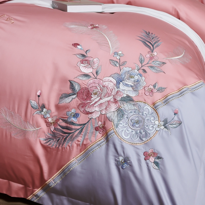 91家纺网 家纺一手货源 找家纺 优姿 2022新款100支长绒棉绣花四件套—花叶倾城-粉