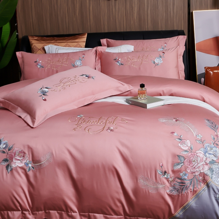 91家纺网 家纺一手货源 找家纺 优姿 2022新款100支长绒棉绣花四件套—花叶倾城-粉