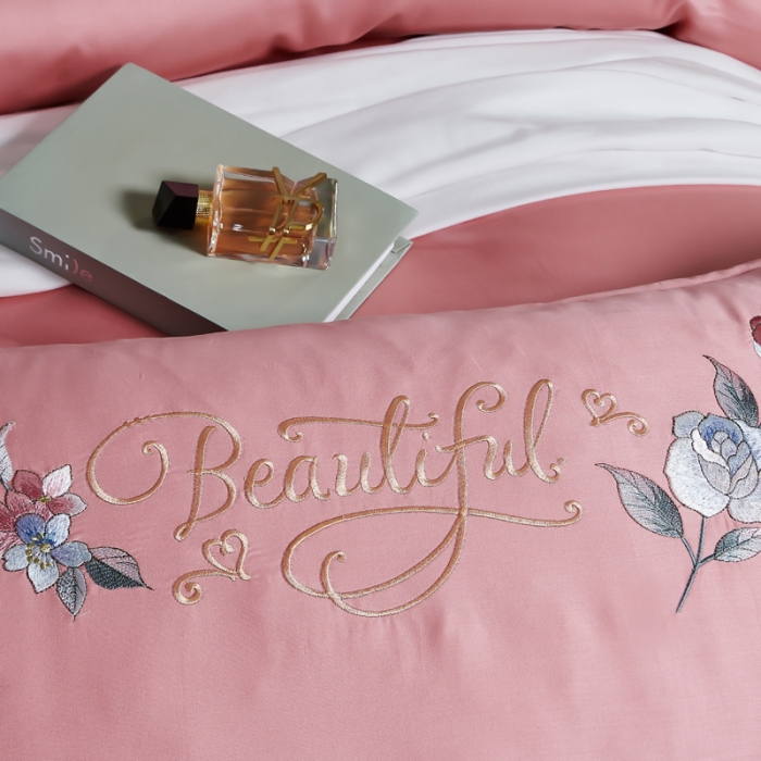 91家纺网 家纺一手货源 找家纺 优姿 2022新款100支长绒棉绣花四件套—花叶倾城-粉