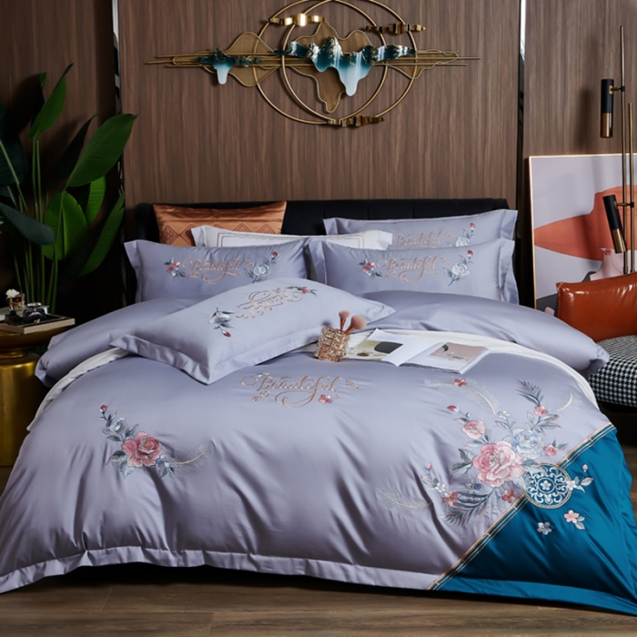 91家纺网 家纺一手货源 找家纺 优姿 2022新款100支长绒棉绣花四件套—花叶倾城-灰