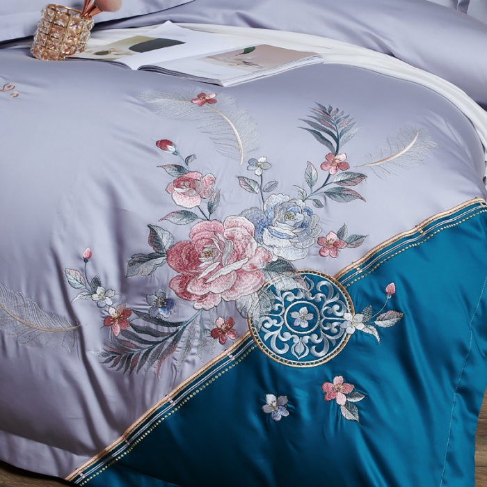 91家纺网 家纺一手货源 找家纺 优姿 2022新款100支长绒棉绣花四件套—花叶倾城-灰