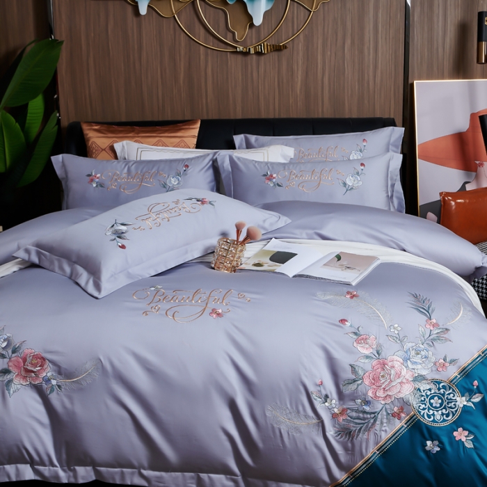 91家纺网 家纺一手货源 找家纺 优姿 2022新款100支长绒棉绣花四件套—花叶倾城-灰