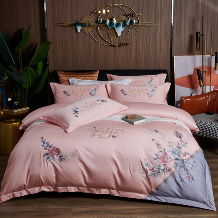 91家纺网 家纺一手货源 找家纺 优姿 2022新款100支长绒棉绣花四件套—花叶倾城-浅粉
